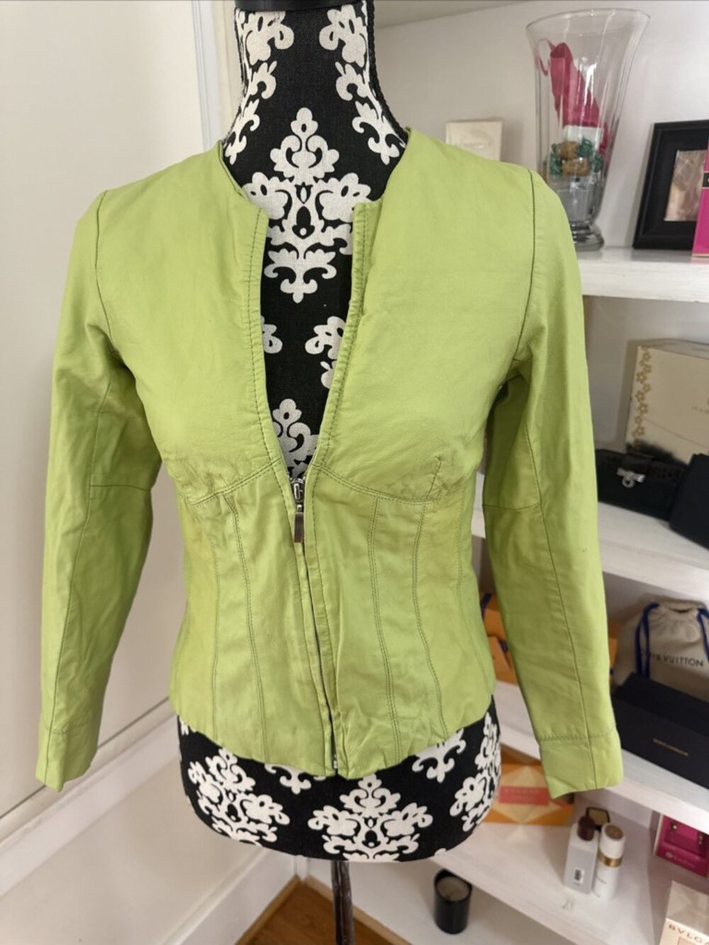 Style & Co. Lime Green Leather Jacket Shirt Small Petite Zipper Accents Vintage